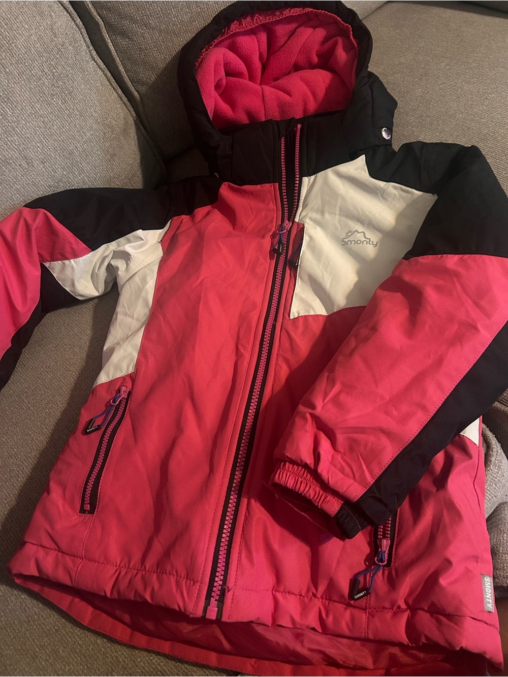 Girls' Pink & White Colorblock Insulated Puffer Jacket with Hood
